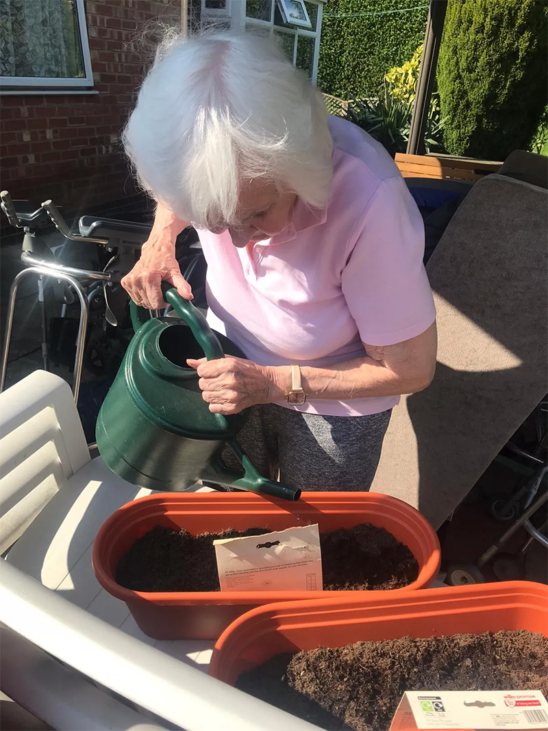elderly woman using a watering can to water plants